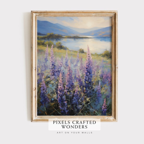 Printable Lavender Field Landscape Painting, Spring Decor, Landscape Print, Spring Wall Art, Lavender Wildflower, Floral Purple Wall Decor