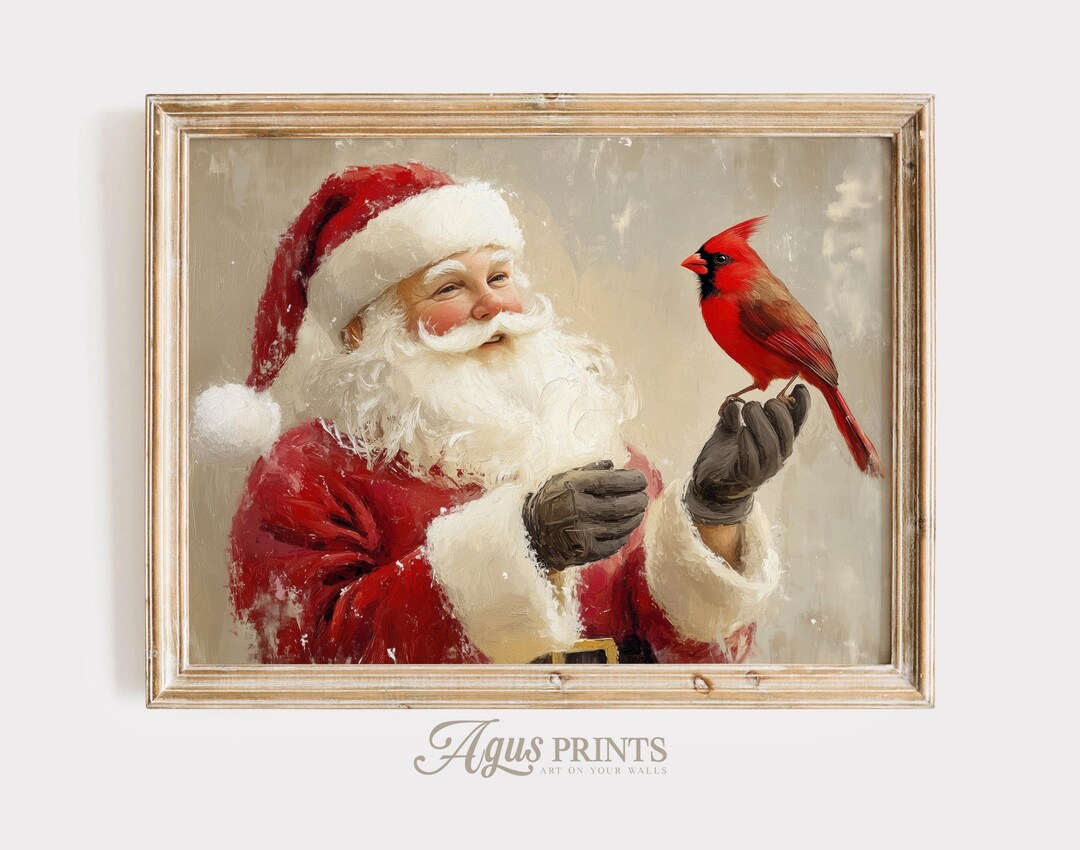Santa Claus Print, Red Cardinal Bird Painting, Rustic Christmas Wall ...