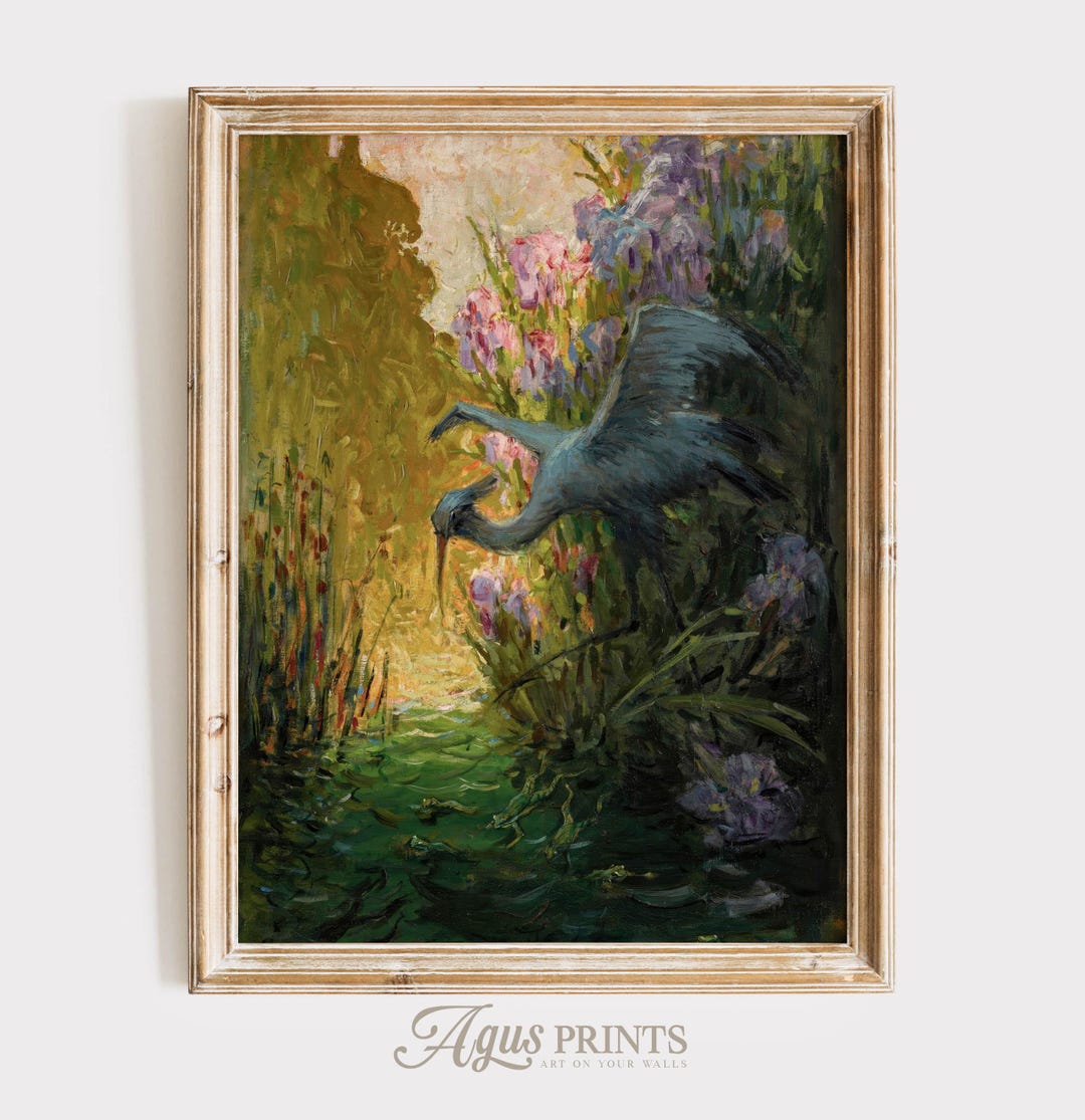 Vintage Bird Art Print, Floral Garden Landscape Painting, Wildlife ...