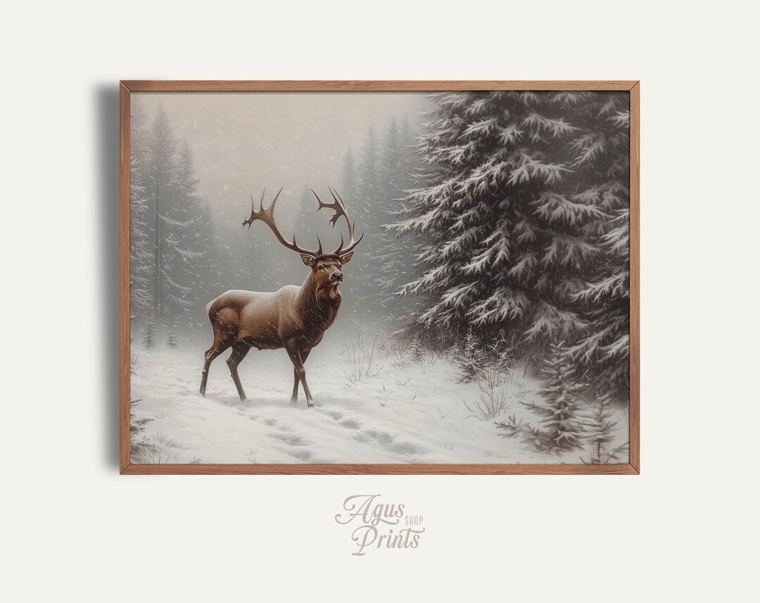 Deer in Winter Landscape Print, Farmhouse Christmas Wall Art, Printable Wall Decor, Snowy Forest Wall Art, Country Decor Painting WC1 - Etsy Japan