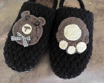 Handcrafted Black Teddy Bear Plush Slippers