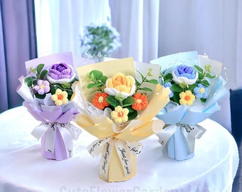 Bouquet de fleurs au crochet fait main avec boîte-cadeau, bouquet de fleurs au crochet, fleurs tricotées, Saint-Valentin, cadeau pour elle, cadeau d'anniversaire