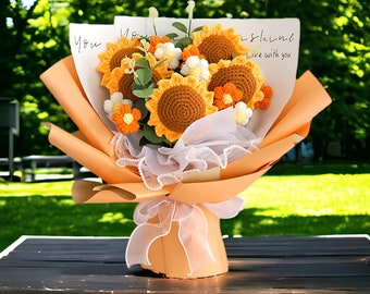 Ramo de girasol de ganchillo, ramo de flores de ganchillo, ramo de flores del día de San Valentín, flores de punto, regalo de aniversario, regalo para ella