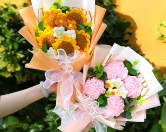 Crochet Sunflower Bouquet, Crochet Sunflowers, Handmade Knitted Flowers, Birthday Gift