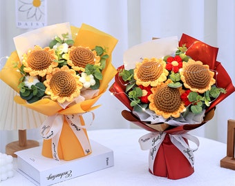 Bouquet de fleurs au crochet, bouquet de tournesols au crochet, cadeau d'anniversaire pour la Saint-Valentin, fleurs tricotées, cadeau d'anniversaire, cadeau pour elle