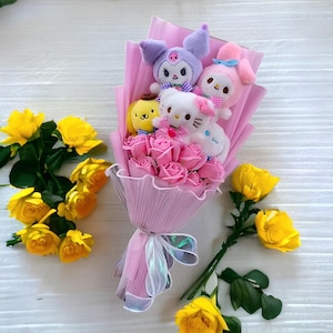 Colorful Hello Kitty Bouquet, Sanrio Plush Bouquet, Kuromi, My Melody, Cinnamoroll, Artificial Flower Bouquet, Birthday Gift, Gifts for Mom Pink