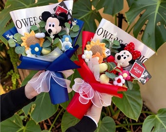 Cartoon Mouse Plush Bouquet, Handmade Crochet Flower Arrangement, Birthday Gift
