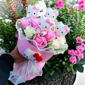 Hello Kitty Bouquet Sanrio Kitties Bouquet, Flowers Arrangement Kittys Artificial Flowers, Birthday Gift, Mother's Day Gift, Gift for Her Clear