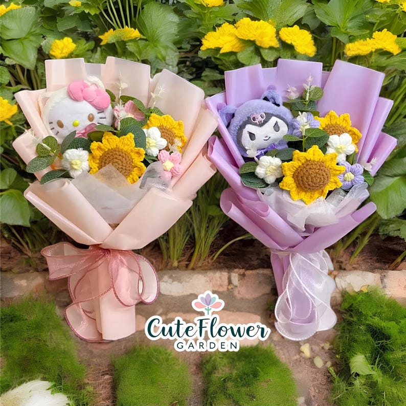 Two bouquets of flowers with plush toys. One bouquet features a Hello Kitty plush, crochet sunflowers, and white and pink crochet flowers, wrapped in pink paper and tied with a pink ribbon. The other bouquet has a Kuromi plush, sunflowers, and purple and white flowers, wrapped in purple paper.