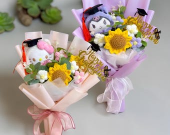 Graduation Gift Hello Kitty Bouquet, Sanrio Plush Bouquet, Kuromi, Cinnamoroll, Crochet Flowers