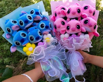 Stitch and Angel Bouquet, Pink Plush Bouquet, Valentine&#39;s Day Christmas Birthday Gift, Wedding Party Gifts, Gift for her