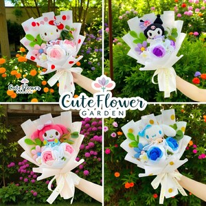 May include: Four bouquets of flowers, each wrapped in white paper with polka dots and tied with a ribbon. Each bouquet features a different plush character and crocheted flowers. The text "CuteFlower Garden" is visible.