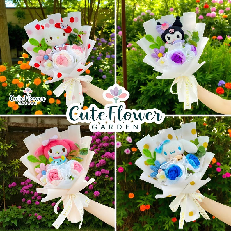 May include: Four bouquets of flowers, each wrapped in white paper with polka dots and tied with a ribbon. Each bouquet features a different plush character and crocheted flowers. The text "CuteFlower Garden" is visible.