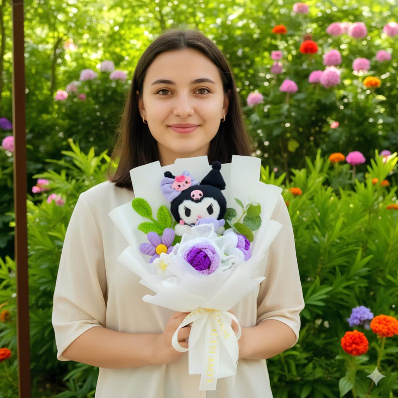 May include: A bouquet of handmade crochet flowers and a black and white character doll. The bouquet includes purple, white, and green crochet flowers, wrapped in white paper and tied with a ribbon.