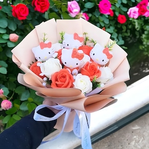 Hello Kitty Bouquet Sanrio Kitties Bouquet, Flowers Arrangement Kittys Artificial Flowers, Birthday Gift, Mother's Day Gift, Gift for Her Orange