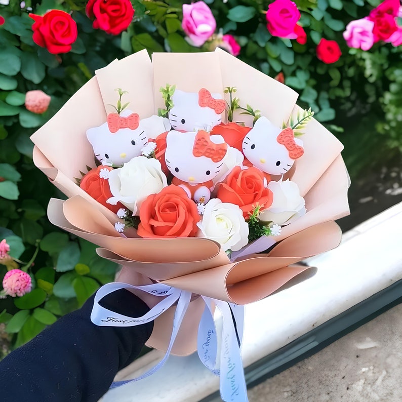 Hello Kitty Bouquet Sanrio Kitties Bouquet, Flowers Arrangement Kittys Artificial Flowers, Birthday Gift, Mother's Day Gift, Gift for Her Orange