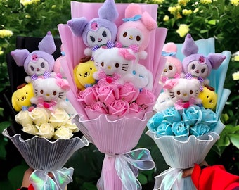 Colorido ramo de Hello Kitty, ramo de felpa Sanrio, Kuromi, Mi melodía, Cinnamoroll, ramo de flores artificiales, regalo de cumpleaños, regalos para mamá