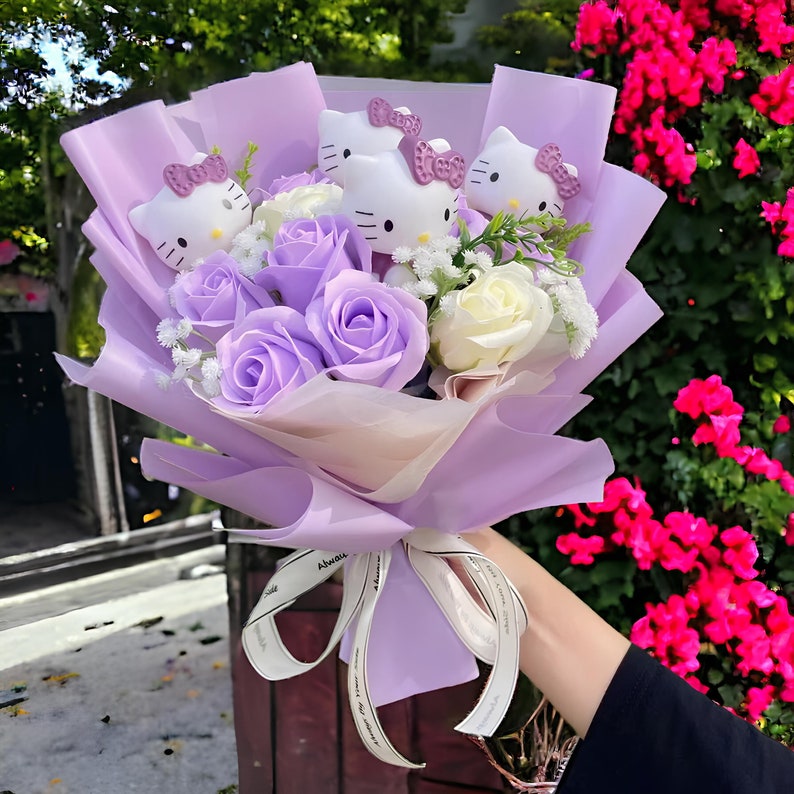 Hello Kitty Bouquet Sanrio Kitties Bouquet, Flowers Arrangement Kittys Artificial Flowers, Birthday Gift, Mother's Day Gift, Gift for Her Purple