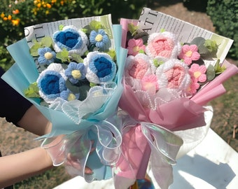 Finished Crochet Flower Bouquet, 100% Wool Yarn, Mother' Day Gift, Birthday Gift
