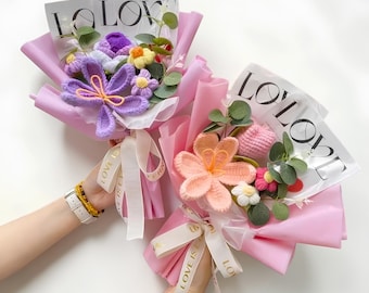 Handmade Crochet Flower Bouquet, Roses, Tulips, Lily - Home Decor, Yarn Crafts