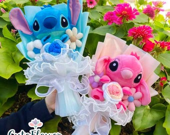 Cute Stitch Plush Bouquet with Knitted Roses, Disney Plush Bouquet, Stitch and Angel Options