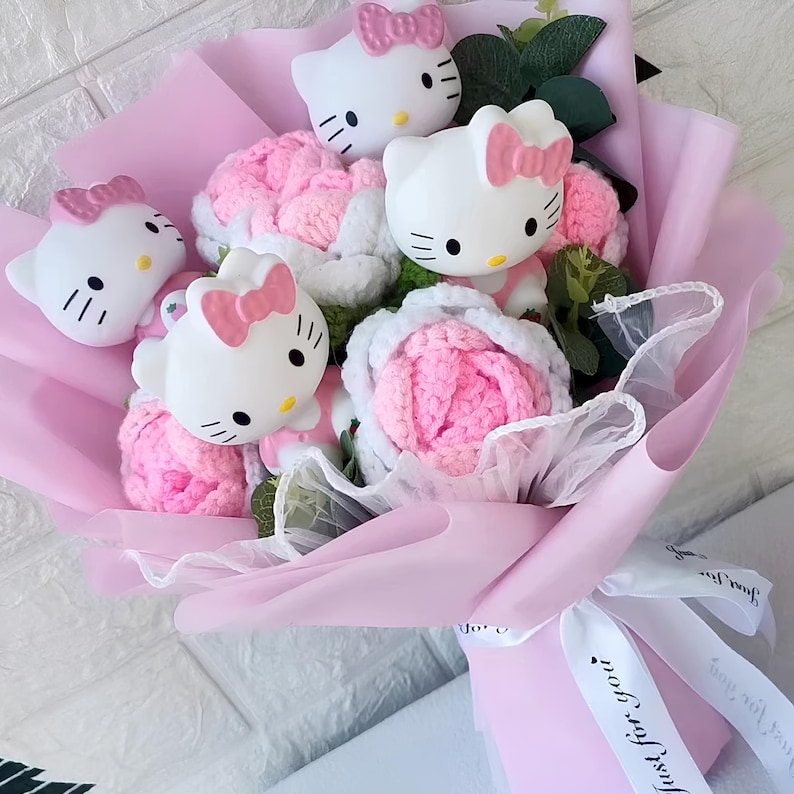 Sanrio Hello Kitty Crochet Flowers Bouquet, Hello Kitty Flower Bouquet, Flower Arrangement, Sanrio Birthday Gift, Valentines, Gift for Her image 4