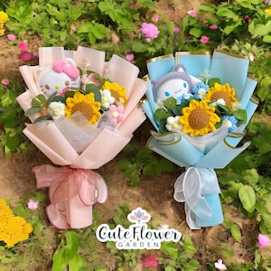 Two crochet bouquets of flowers, one pink and one blue, each featuring a plush character, crochet sunflowers, and other flowers. The bouquets are wrapped in coordinating paper and tied with ribbons. The text "Cute Flower Garden" is visible.