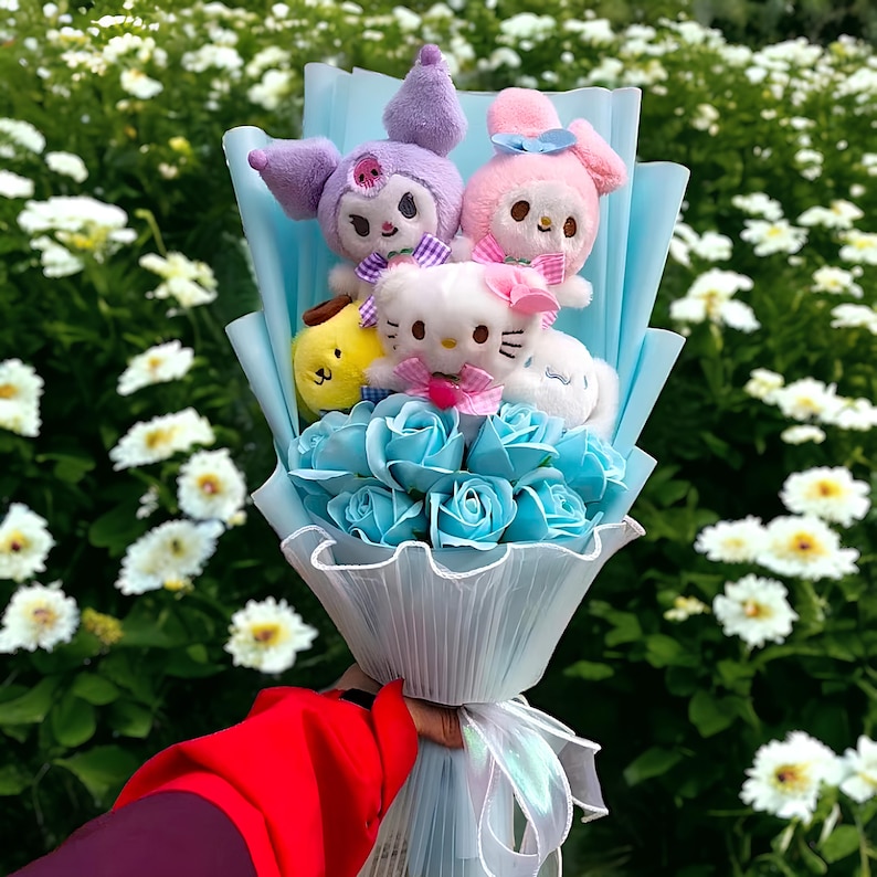 Colorful Hello Kitty Bouquet, Sanrio Plush Bouquet, Kuromi, My Melody, Cinnamoroll, Artificial Flower Bouquet, Birthday Gift, Gifts for Mom Blue