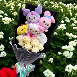 Colorful Hello Kitty Bouquet, Sanrio Plush Bouquet, Kuromi, My Melody, Cinnamoroll, Artificial Flower Bouquet, Birthday Gift, Gifts for Mom Black