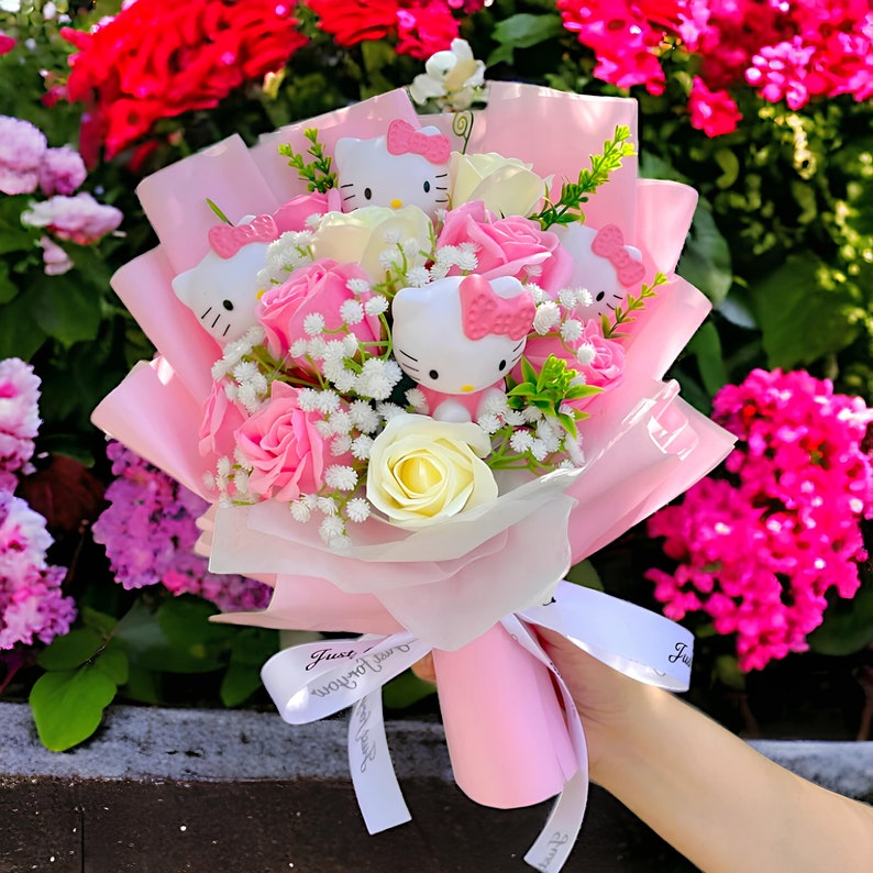 Bouquet Hello Kitty Bouquet de chatons Sanrio, composition florale, fleurs artificielles de chaton, cadeau d'anniversaire, cadeau de fête des mères, cadeau pour elle Rose