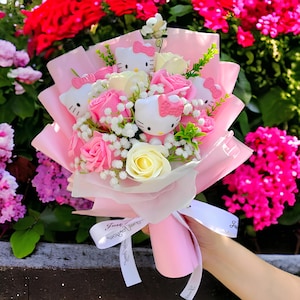 Ramo de Hello Kitty, Ramo de Sanrio, Arreglo floral de Kitty con flores artificiales, Regalo para el Día de la Madre, Regalo de cumpleaños, Regalo para ella