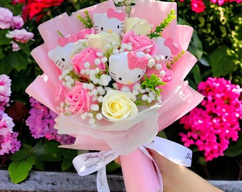 Hello Kitty Bouquet, Sanrio Bouquet, Flowers Arrangement Kittys Artificial Flowers, Valentine's Day, Birthday Gift, Gift for Her