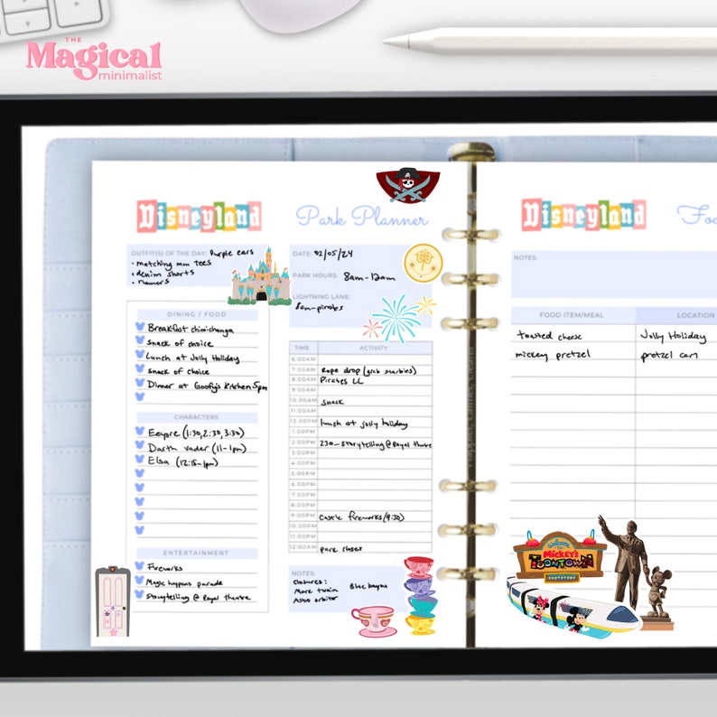 May include: A blue and white planner with a Disneyland theme. The planner has a section for park hours, dining, characters, activities, entertainment, food, and notes. The planner is decorated with stickers of Mickey Mouse, fireworks, and other Disney characters.