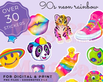 Digitale neon-regenboogstickers jaren 90: millennial-clipartbundel (PNG, Goodnotes)