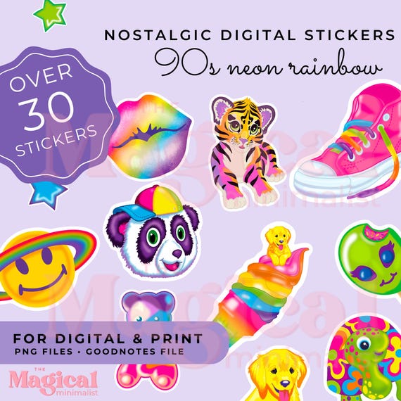 90s Neon Rainbow Digital Stickers: Millennial Clipart Bundle (PNG, Goodnotes)