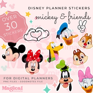 Op de afbeelding: Meer dan 30 digitale planner stickers met Mickey Mouse en zijn vrienden. De stickers bevatten Mickey Mouse, Minnie Mouse, Donald Duck, Goofy, Pluto en Chip en Dale. De stickers zijn in cartoon stijl en perfect om een vleugje Disney magie aan je planner toe te voegen.