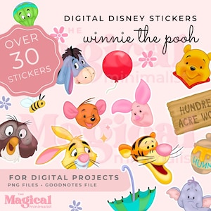 May include: Over 30 digital stickers featuring Winnie the Pooh characters, including Tigger, Piglet, Eeyore, and more. The stickers are in a cartoon style and are perfect for digital projects.