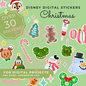 May include: Over 30 digital Christmas stickers featuring Mickey Mouse, Minnie Mouse, Chip and Dale, gingerbread men, candy canes, and more.  These stickers are perfect for digital planners, notes, and projects.