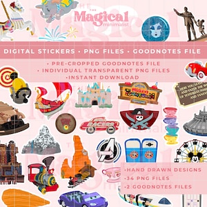 May include: A digital sticker set featuring 34 hand-drawn designs of popular Disney attractions. The stickers are in a variety of colors and styles, including a carousel, a castle, a pirate ship, and a teacup ride. The set also includes two Goodnotes files for use with digital planners.