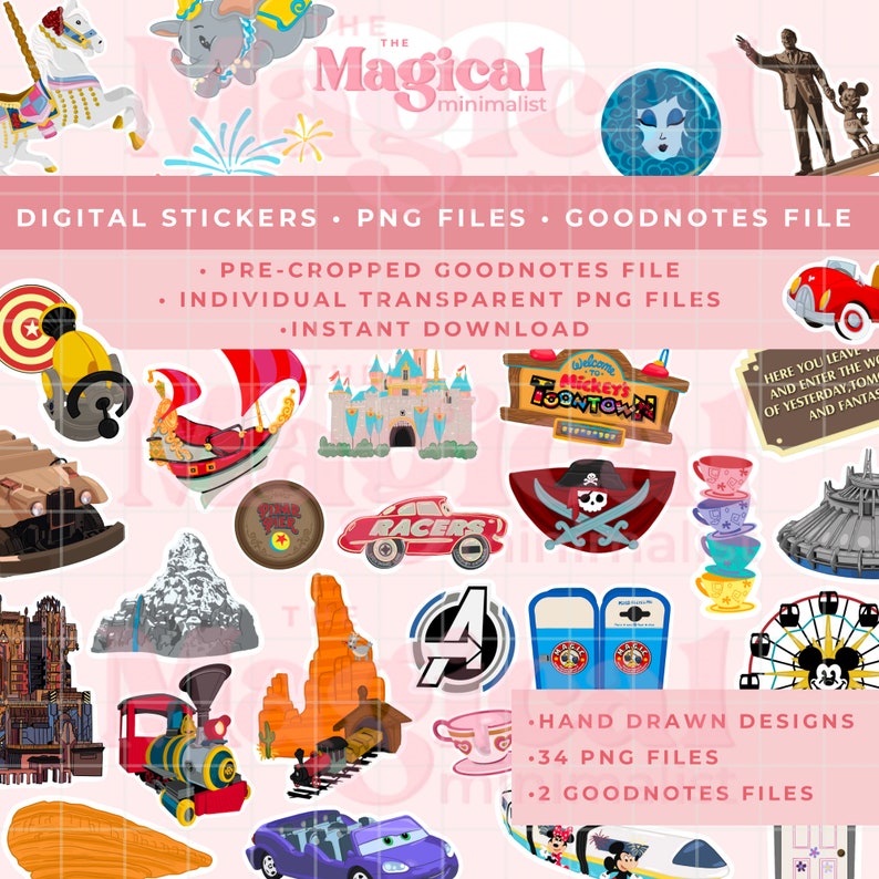 May include: A digital sticker set featuring 34 hand-drawn designs of popular Disney attractions. The stickers are in a variety of colors and styles, including a carousel, a castle, a pirate ship, and a teacup ride. The set also includes two Goodnotes files for use with digital planners.
