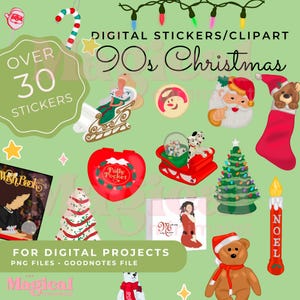 May include: Digital stickers and clipart with a 90s Christmas theme. Includes images of a Barbie in a sleigh, a Polly Pocket, a snow globe, a Christmas tree, a teddy bear, and a candle with the word "NOEL". The background is light green.