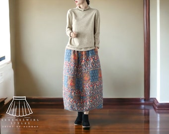Floral Linen Skirt | Cotton-Padded Elastic Waist | A-Line Pockets Style | One Size