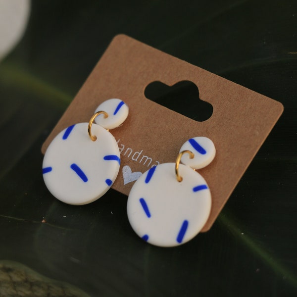 Blue/White Polymer Clay Earrings | Speckled Earrings | Blue | Fimo Studs | Handmade Earrings | Golden Brass Elements