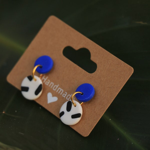 Blue Black/White Polymer Clay Earrings | Blue Earrings | Blue | Fimo Studs | Handmade Earrings | Golden Brass Elements