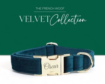 Personalized Dog Collar Bow Tie Leash,Handmade puppy dog collar,Teal Blue Velvet Collar With Engraved Name Metal Buckle,FREE Shipping
