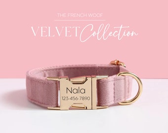 Personalized velvet Dog Collar Bow Tie Leash,Handmade puppy dog collar,Pink Collar With Engraved Name Metal Buckle,wedding gift dog
