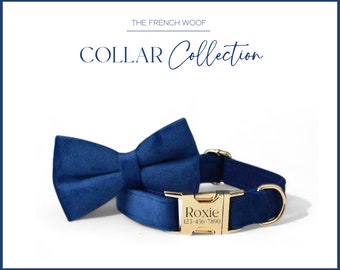 Personalized Dog Collar Bow Tie Leash, bridal  dog collar,Blue Velvet Collar With Engraved Name Metal Buckle,FREE Shipping,Custom dog collar