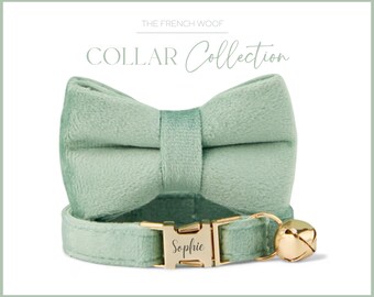 Personalisiertes Katzenhalsband auf Fliegeleine, handgemachtes Welpen-Katzenhalsband, salbeigrünes Samthalsband mit gravierter Metallschnalle, kostenloser Versand, Geschenkkatze
