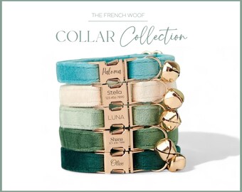 Personalisiertes Katzenhalsband, Fliege, handgemachtes Welpenkatzenhalsband, grünes Samthalsband mit eingraviertem Namen, Metallschnalle, kostenloser Versand, Geschenkkatze