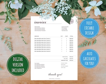 May include: A white invoice template with the word "invoice" in a decorative font. The template includes fields for client information, service descriptions, quantity, cost, and total. The template also includes a section for payment information. The template is surrounded by a floral border.